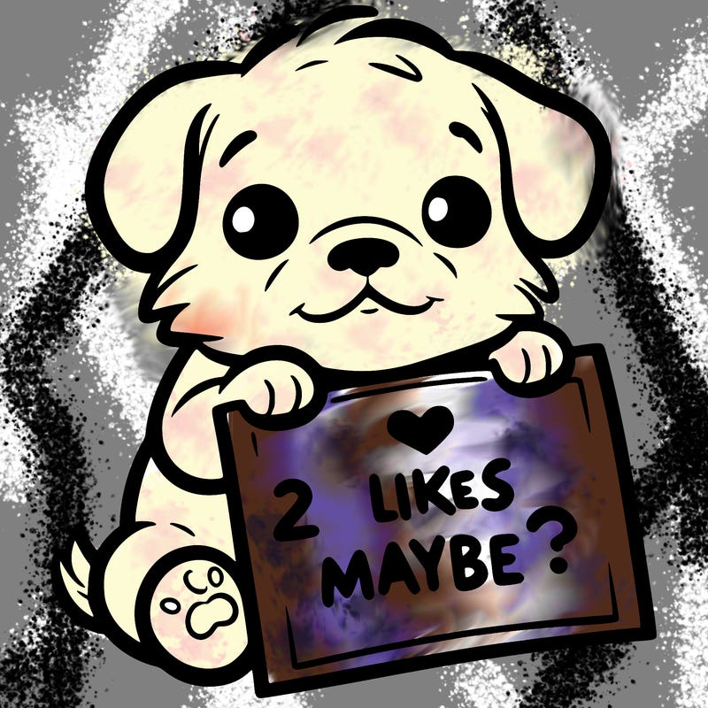 a puppy holding a sign that says 2 likes maybe?