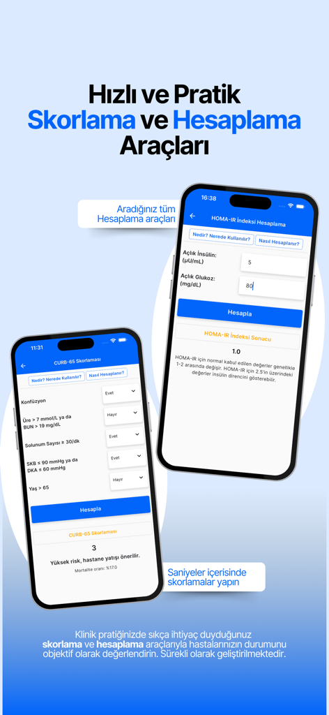 Mobile app interface showing medical scoring and calculation tools for clinical practice