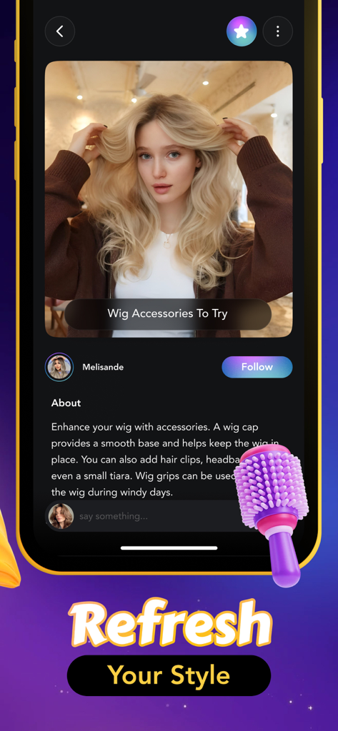 Un post nell'app Bliss sugli accessori per parrucche e consigli di styling per trasformazioni di capelli