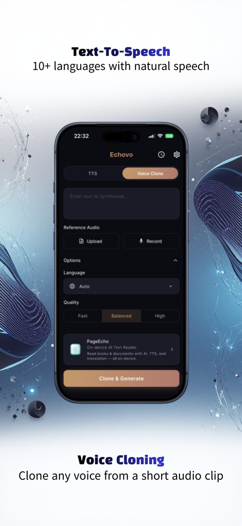 Echovo - TTS & Voice Cloning - Echovo app interface for text to speech and voice cloning on iPhone