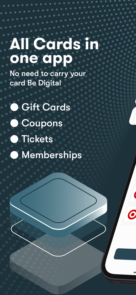 Card Manager: Digital Wallet - Mobile app screen showing digital storage options for gift cards coupons tickets and memberships