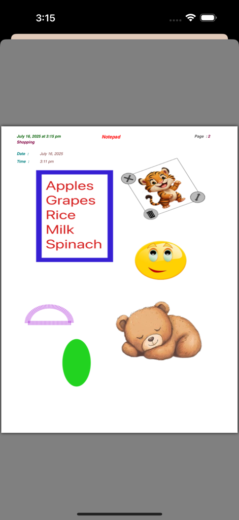 NotePad-Pro - A digital notepad page with a typed shopping list surrounded by cartoon animal stickers and colorful shapes