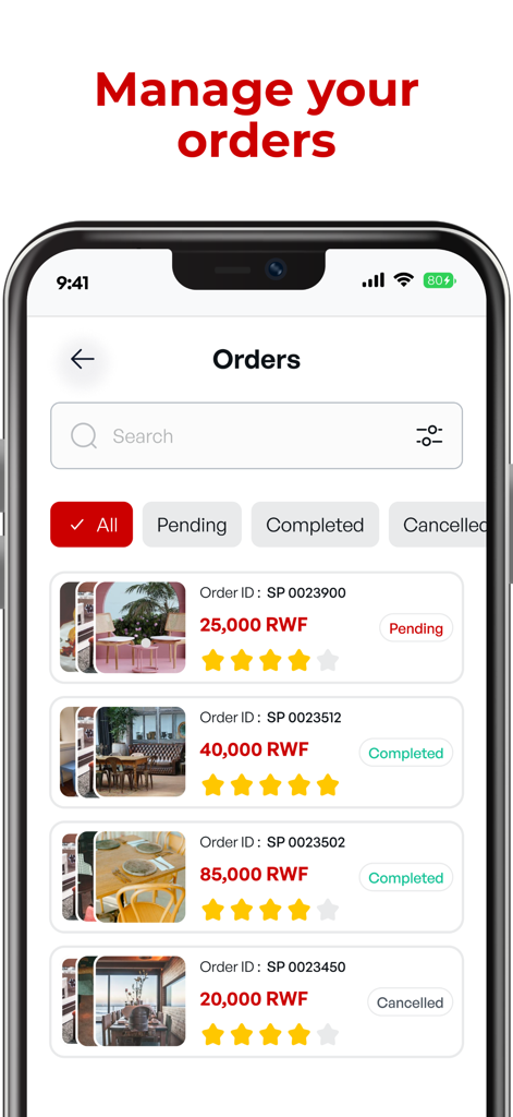 Ziramba - Mobile app screen showing a list of construction material orders with status labels and transaction details