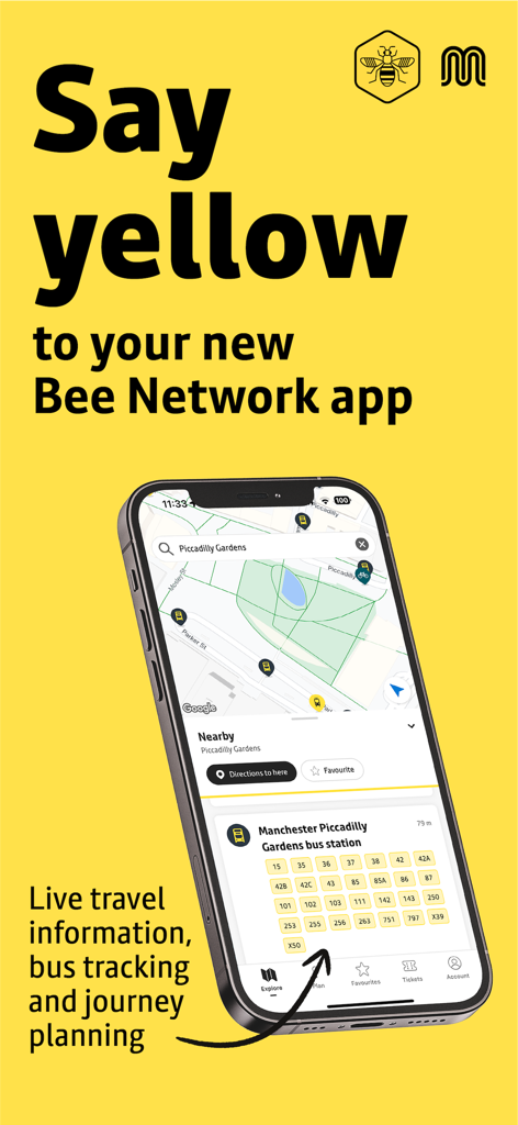 Aplicación móvil Bee Network que muestra seguimiento de autobuses en vivo e información de viajes en Manchester