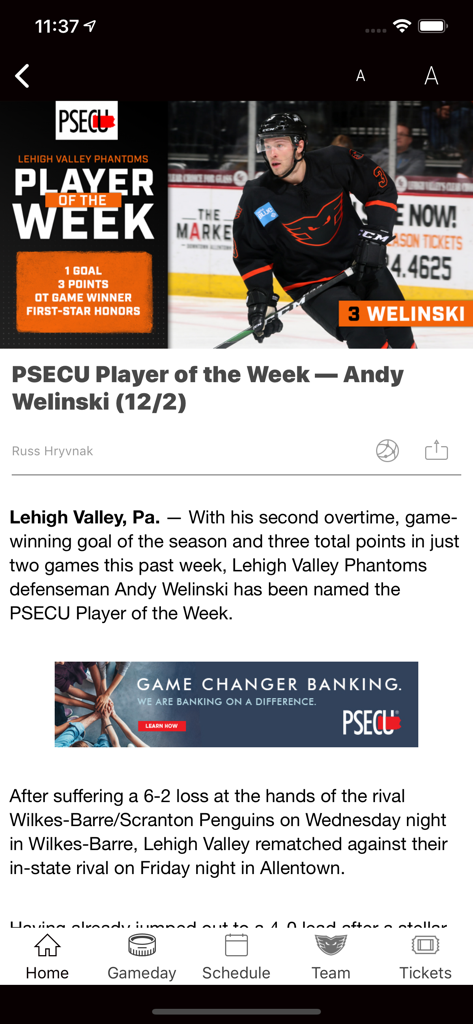 Phantoms365 - News article in the Phantoms365 app featuring Andy Welinski as the Player of the Week