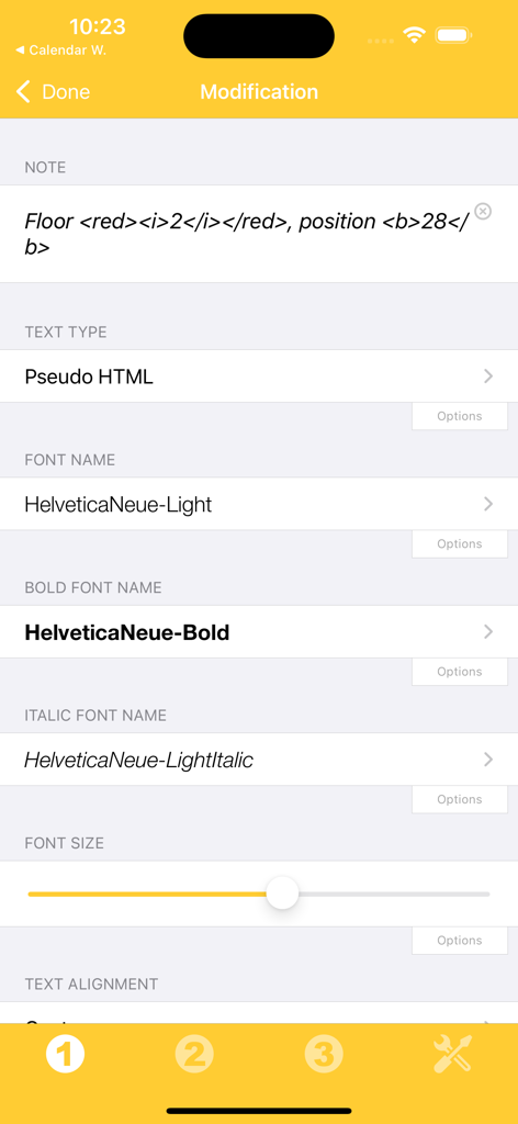 Interface do aplicativo Note Widget mostrando opções de formatação de texto, incluindo seleção de fonte em pseudo HTML e ajuste de tamanho