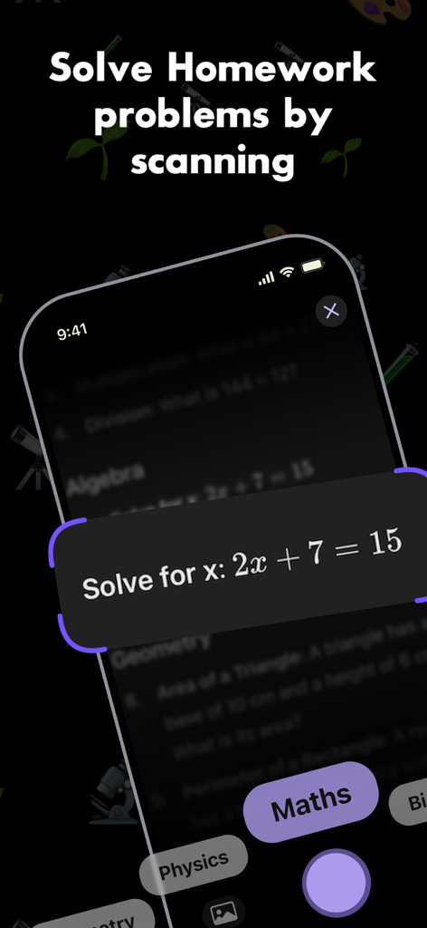 Homework Helper: Scan & solve - Smartphone scannant un problème de mathématiques d'algèbre avec l'application Aide aux devoirs