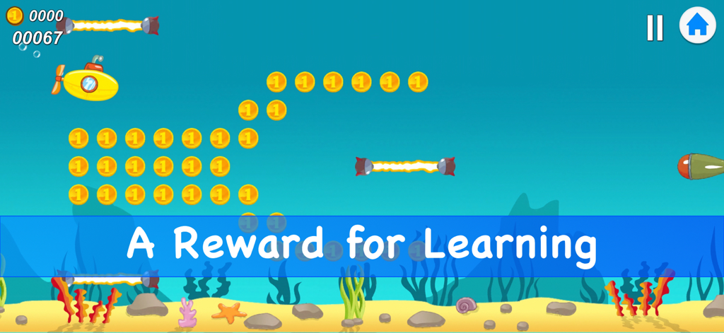 English for Kids from PMG - Submarine mini game showing a reward system for kids learning English