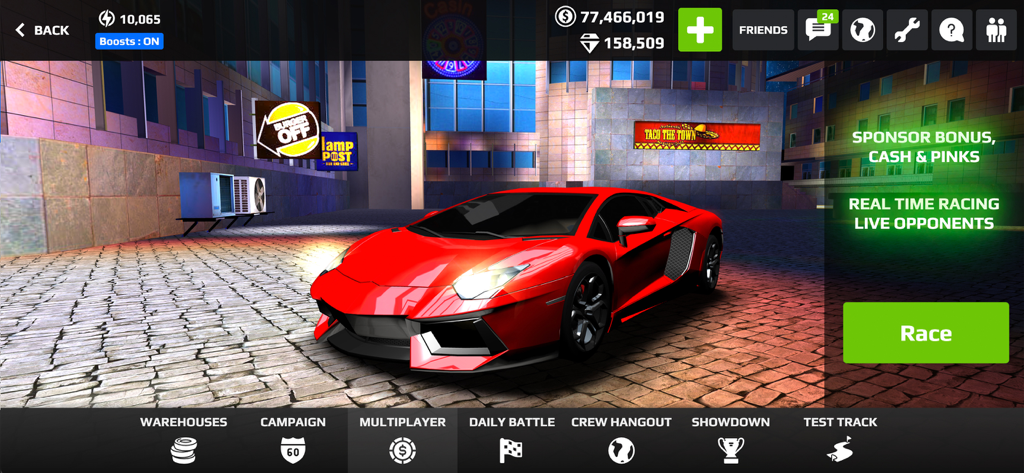 Rush Racing 2 - Drag Racing - Main menu screen of Rush Racing 2 featuring a red supercar in a city night setting with game mode navigation