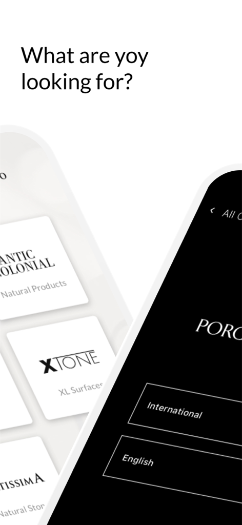 Porcelanosa mobile app interface showing luxury product brands and language selection settings.