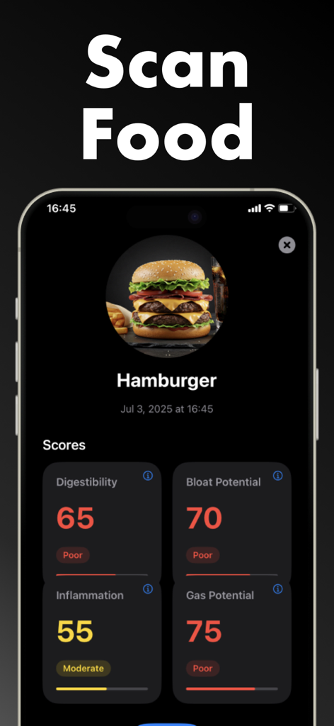 Debloat AI: Debloat Your Body - Debloat AI app food scan interface showing bloating and digestibility scores for a hamburger