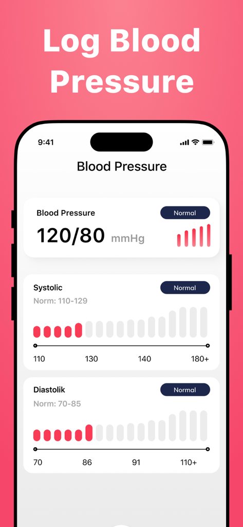 Heart Rate Monitor Pulse - A mobile app interface displaying blood pressure logs with systolic and diastolic readings in the normal range