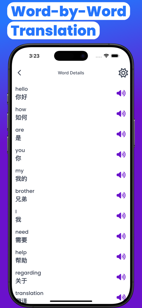 Mandarin-English Translator - Mandarin Englisch Übersetzer App zeigt Wort für Wort Übersetzungsdetails mit Audio-Wiedergabetasten