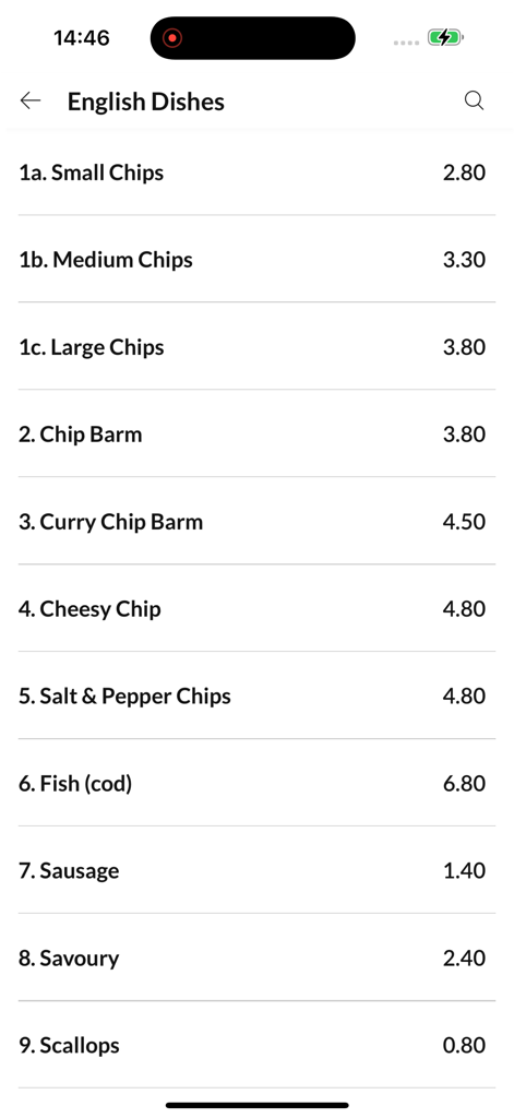 Mr Chips. - Mr Chipsモバイルアプリのメニュー。フィッシュ＆チップスなどのイギリス料理と価格が表示されています。