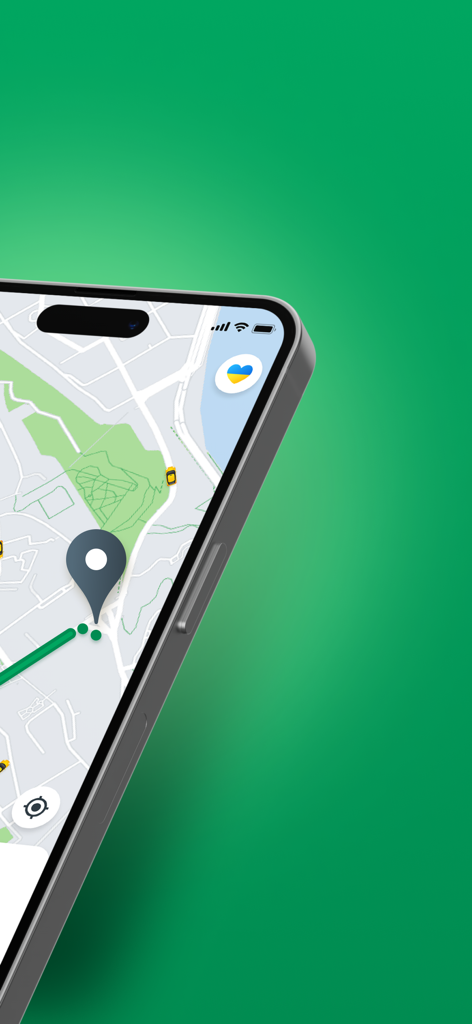 OnTaxi UA — Book a Taxi - Smartphone screen displaying the OnTaxi UA app map with a route and taxi icon