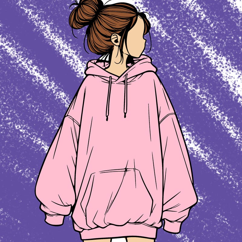 realistic girl with a oversized sweatshirt on and a bun