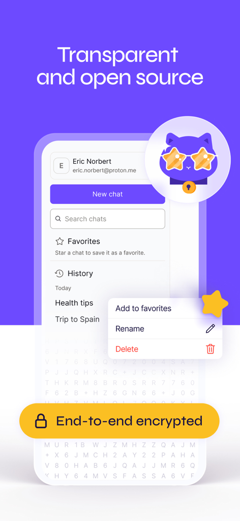 Captura de pantalla de la aplicación Lumo de Proton que muestra sus funciones de código abierto y cifrado de extremo a extremo para conversaciones seguras de IA.