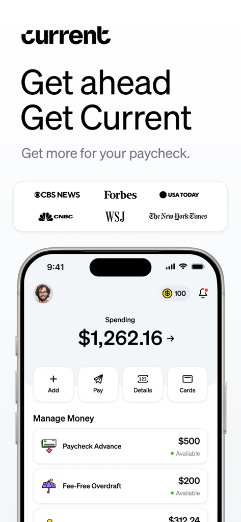 Current - Mobile Banking - Current mobile banking app interface showing spending balance and paycheck advance features