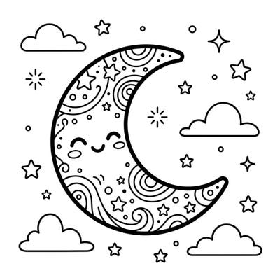 Drift into a world of cuteness with this charming Kawaii Crescent Moon coloring page. Featuring a sleepy moon face adorned with stars and swirls, it's perfect for a relaxing and adorable coloring experience.