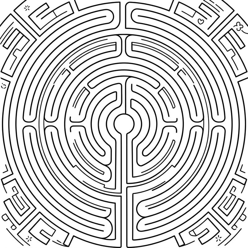 Unwind with this beautifully detailed Chartres Labyrinth coloring page, featuring a complex 11-circuit design inspired by medieval artistry. Its radial symmetry provides a meditative and engaging coloring experience for all ages.