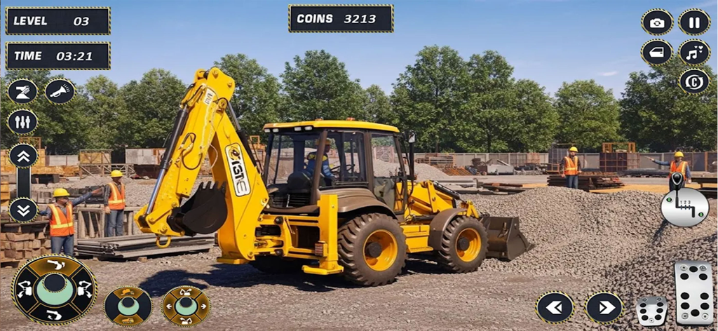 A yellow backhoe loader operating at a construction site in a mobile simulation game showing piles of gravel and workers.