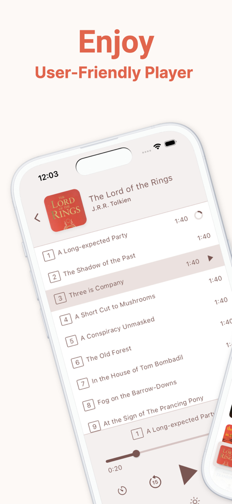 BookPlayer app interface showing a list of chapters and playback controls for an audiobook