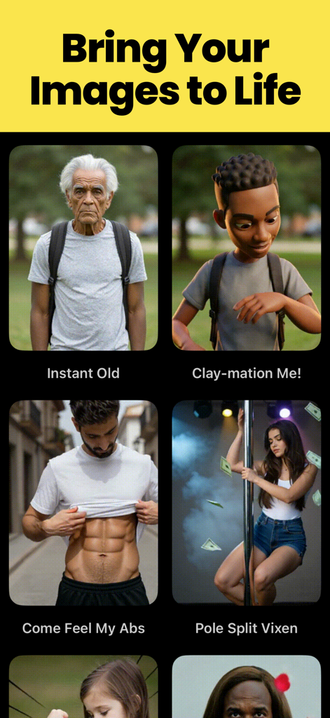 Highfield - AI Video Generator - Mobile app screen showing diverse AI video effects for photos with the headline Bring Your Images to Life