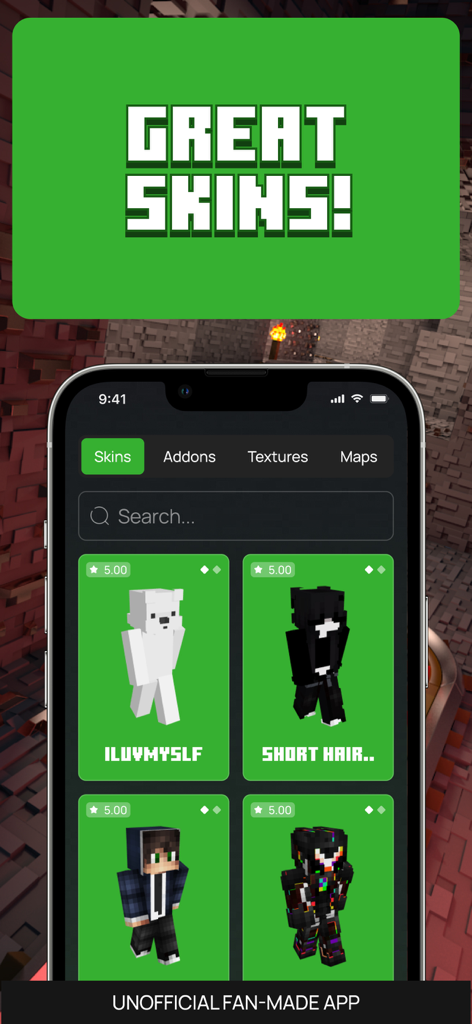 Screenshot of the All MCPE Mods app showing a gallery of custom character skins for Minecraft