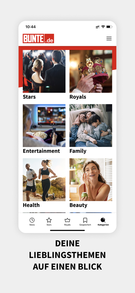 BUNTE.de – Stars & Royals News - Interfaccia dell'app BUNTE.de che mostra le categorie di notizie per star, reali, intrattenimento, famiglia, salute e bellezza
