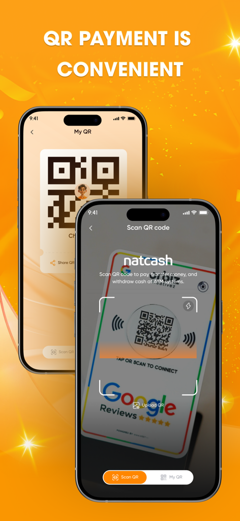 Natcash app interface demonstrating QR code scanning and payment features on two smartphones