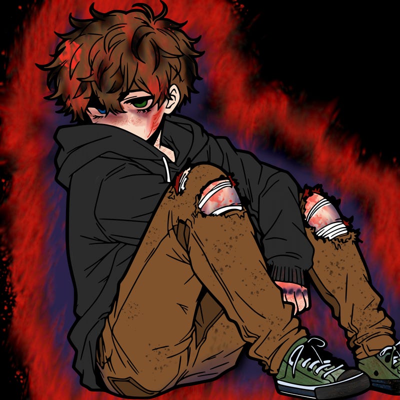 a male hoddie ripped jeans messy hair anime