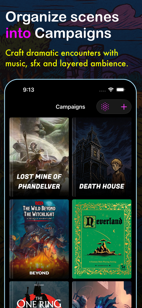 The Campaign Manager screen in Summoning Stone showing several tabletop RPG adventure modules like Lost Mine of Phandelver and Death House