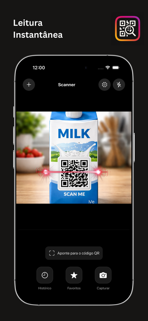 QR Scanner & Gerador Pro - Screenshot of the QR Scanner app interface showing the instant reading feature scanning a QR code on a product.