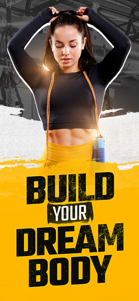 Poster Maker, Flyer design - Fitnessstudio-Posterdesign mit einer Frau und dem Text Bauen Sie Ihren Traumkörper auf