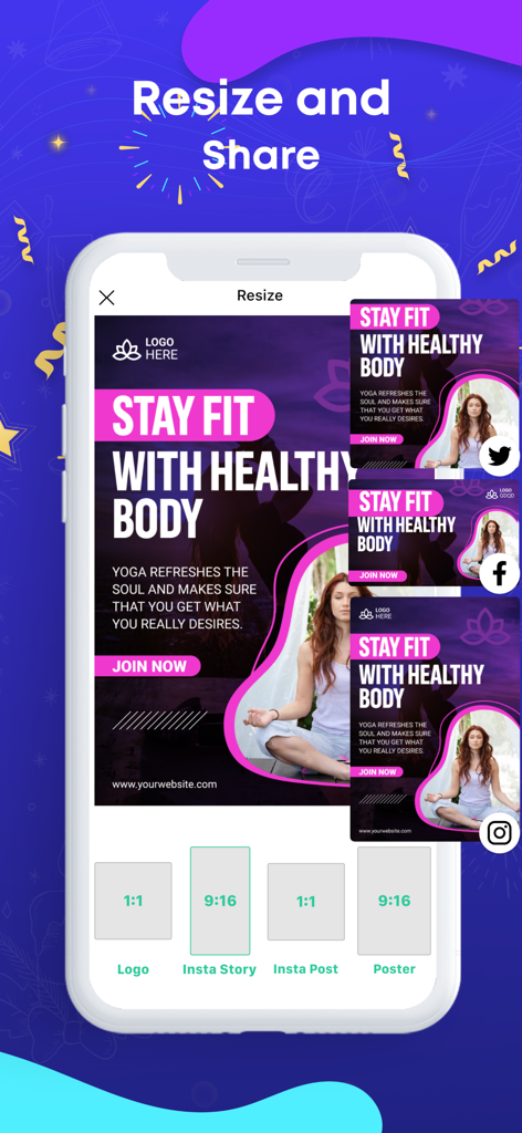 Flyer Maker · Poster Maker - Captura de pantalla de la aplicación Flyer Maker mostrando la función de redimensionar y compartir para un póster de fitness en diferentes plataformas de redes sociales