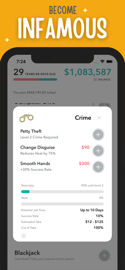 Captura de tela do jogo do menu de crime em Life Simulator Hobo CEO mostrando opções de pequenos furtos e estatísticas de notoriedade.