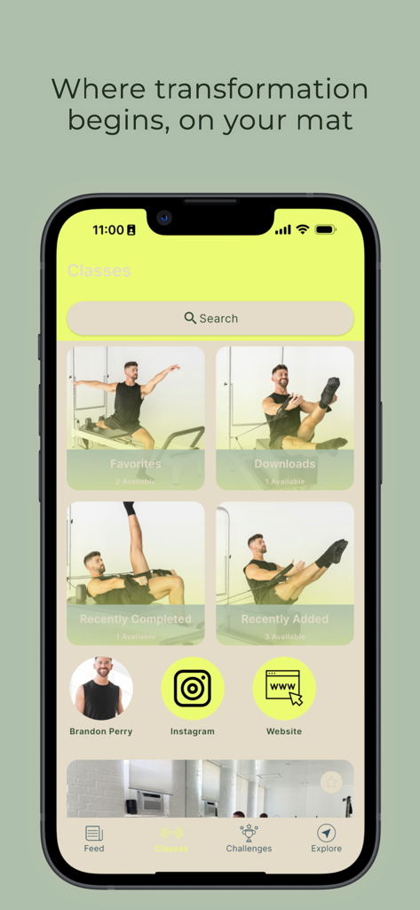 BP Pilates Academy - Main classes interface of the BP Pilates Academy app showing workout categories like Favorites and Recently Added along with the instructor profile