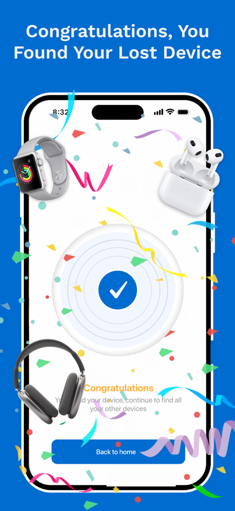A success screen from the Find My Lost Earbuds app with confetti and icons of an Apple Watch and AirPods celebrating a found device
