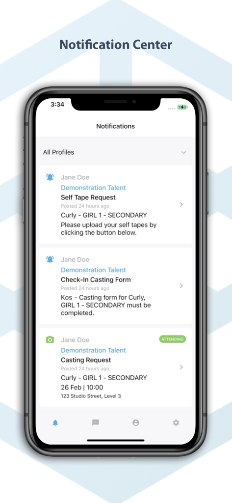 El centro de notificaciones de la app You Me and Co mostrando solicitudes de talento para autograbaciones y casting.