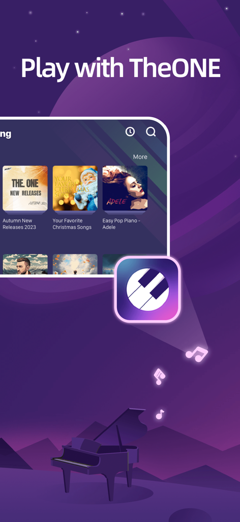 TheONE Smart Piano - TheONE Smart Piano app interface showing a song library with pop hits and a piano silhouette on a purple background.