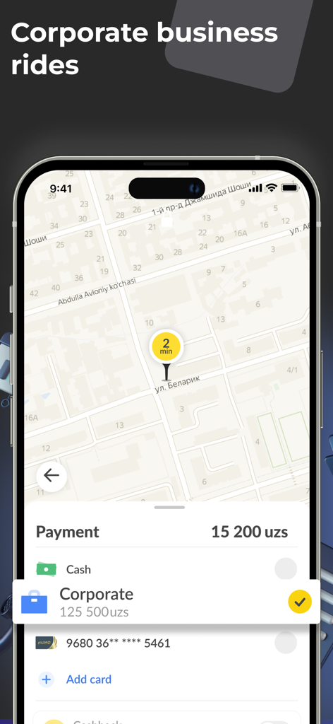 MyTaxi App-Oberfläche zeigt die Auswahl der Firmenzahlung für Geschäftsfahrten