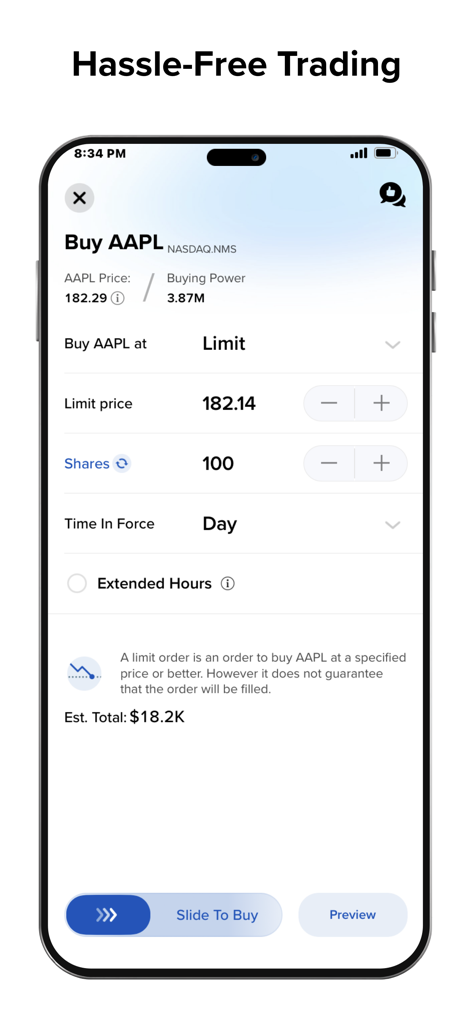 BlackBull Invest app interface showing a limit order screen to buy Apple stock.
