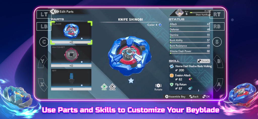 Crunchyroll: Beyblade X Xone - A mobile game screenshot showing the customization menu for a Beyblade named Knife Shinobi with various parts and stats