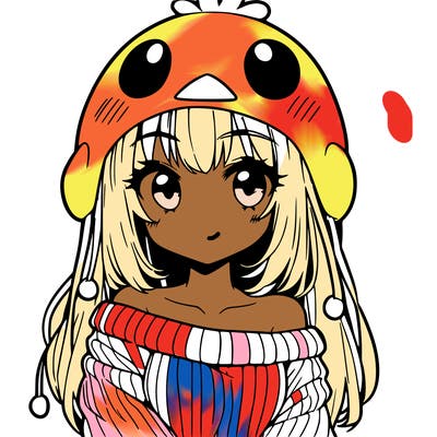 anime girl with chick shaped hat with sweater with bare shoulders with bangs covering them one eye with low tail