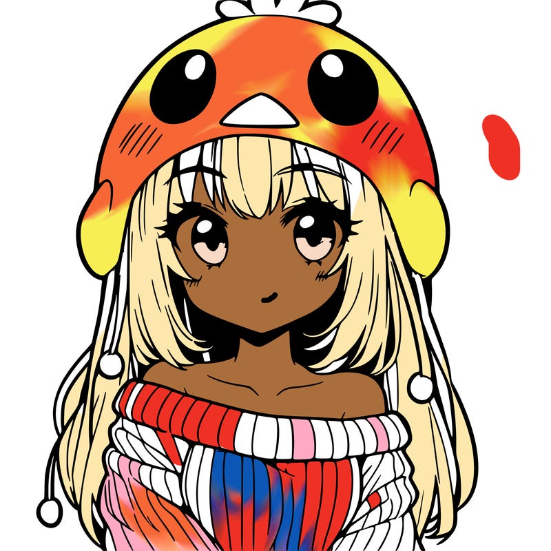 anime girl with chick shaped hat with sweater with bare shoulders with bangs covering them one eye with low tail