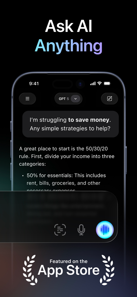 ChatNow app interface showing an AI chat response about financial advice and the GPT-5 model selection