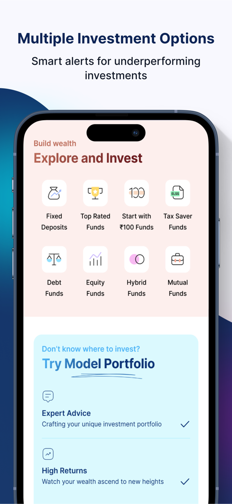 HDFC Bank SmartWealth - Bildschirm der HDFC Bank SmartWealth App, der verschiedene Anlageoptionen wie Investmentfonds und Festgelder anzeigt