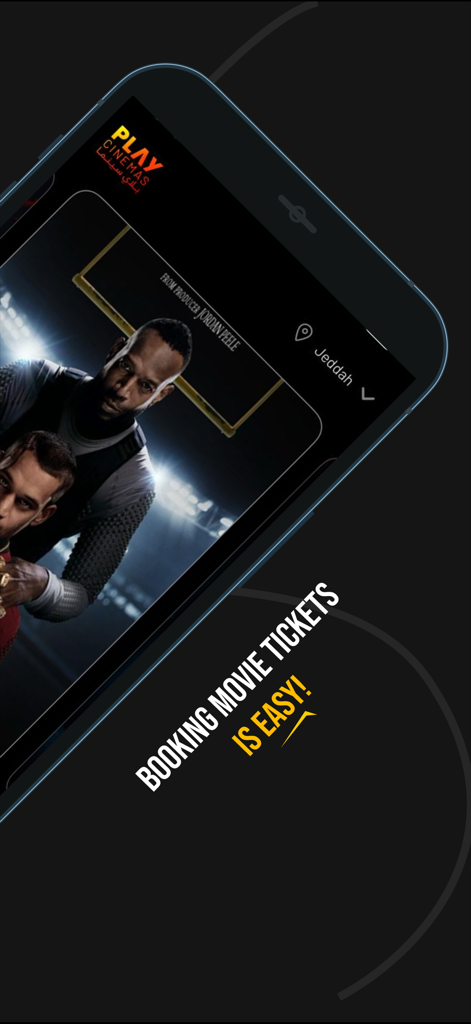 Play Cinemas app screen showing a movie poster and the text Booking Movie Tickets is Easy