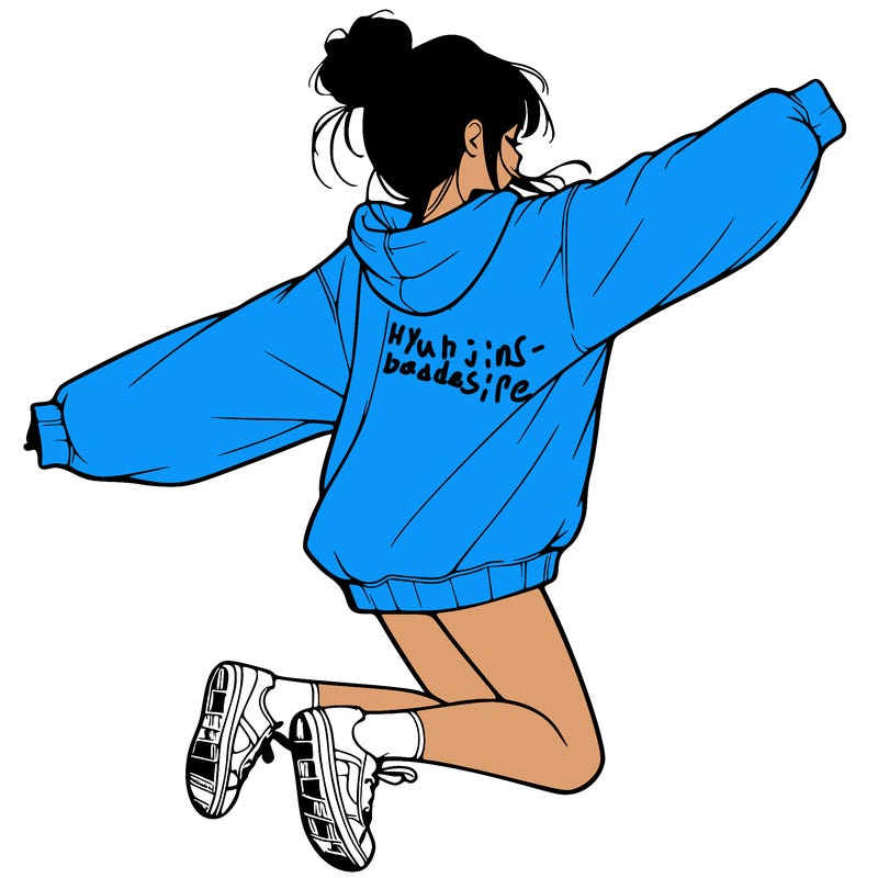 realistic girl jumping with a bun and oversized sweatshirt