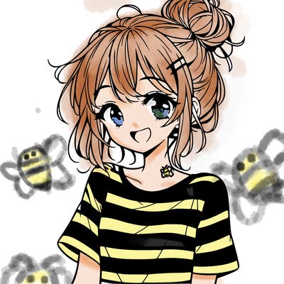 anime girl teenager striped shirt and smile and messy bun